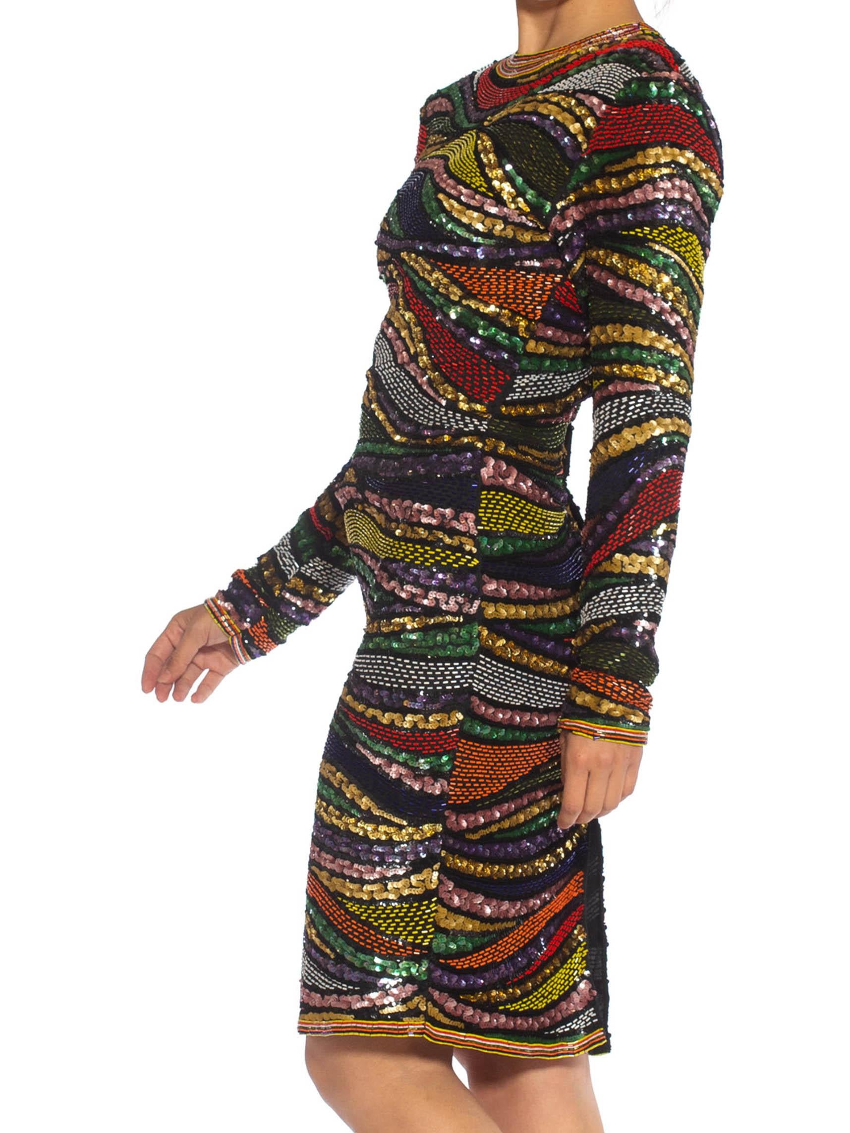 Black 1980S Multicolor Beaded Silk & Rayon Long Sleeve Cocktail Dress For Sale