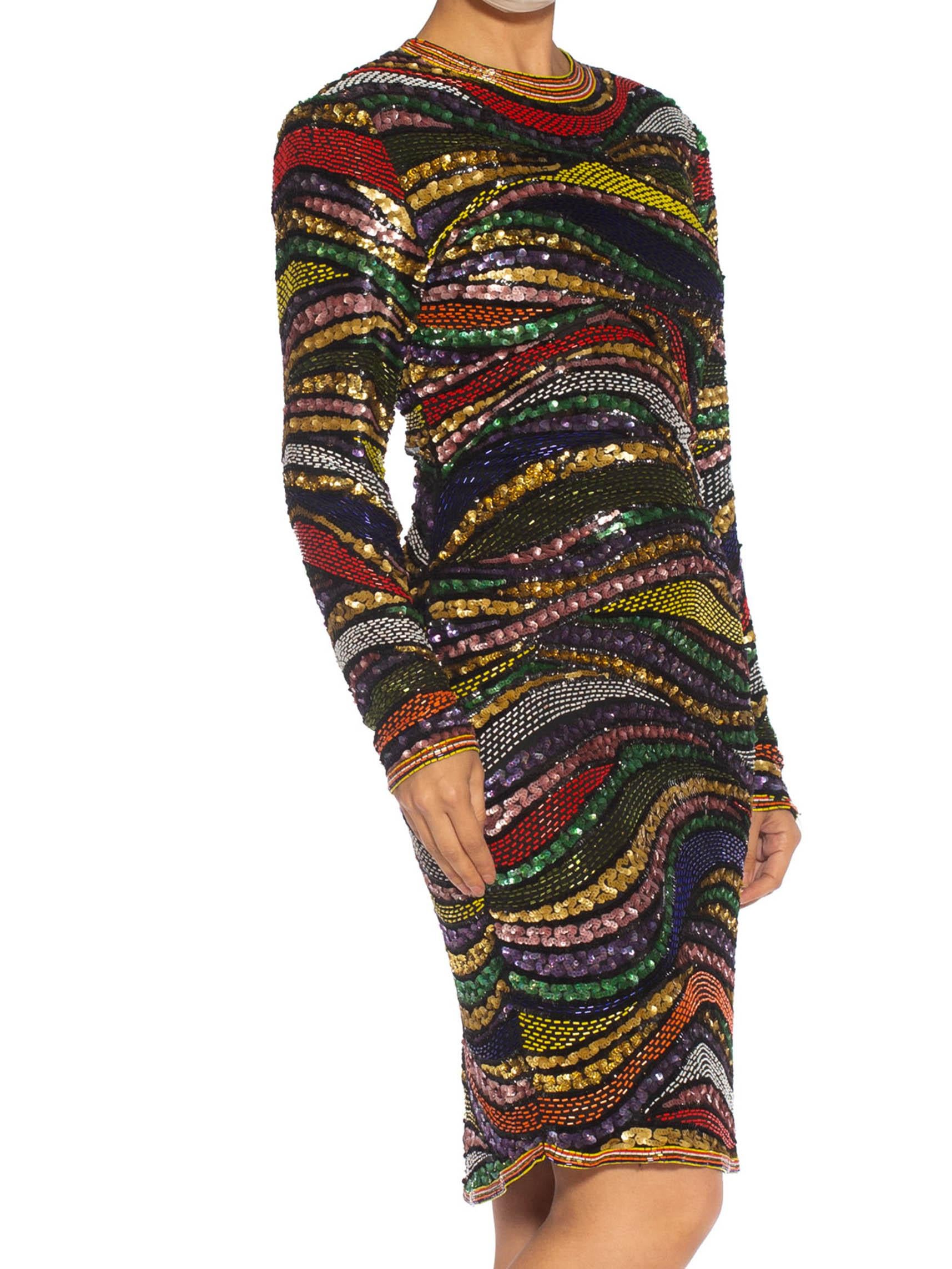 1980S Multicolor Beaded Silk & Rayon Long Sleeve Cocktail Dress In Good Condition For Sale In New York, NY