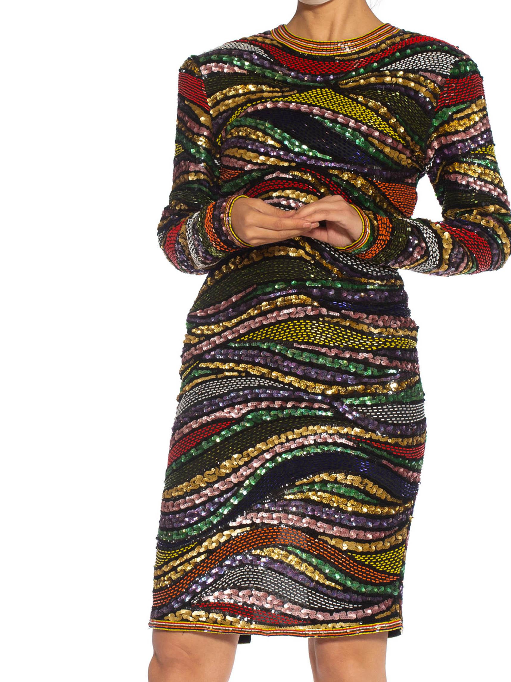 Women's 1980S Multicolor Beaded Silk & Rayon Long Sleeve Cocktail Dress For Sale