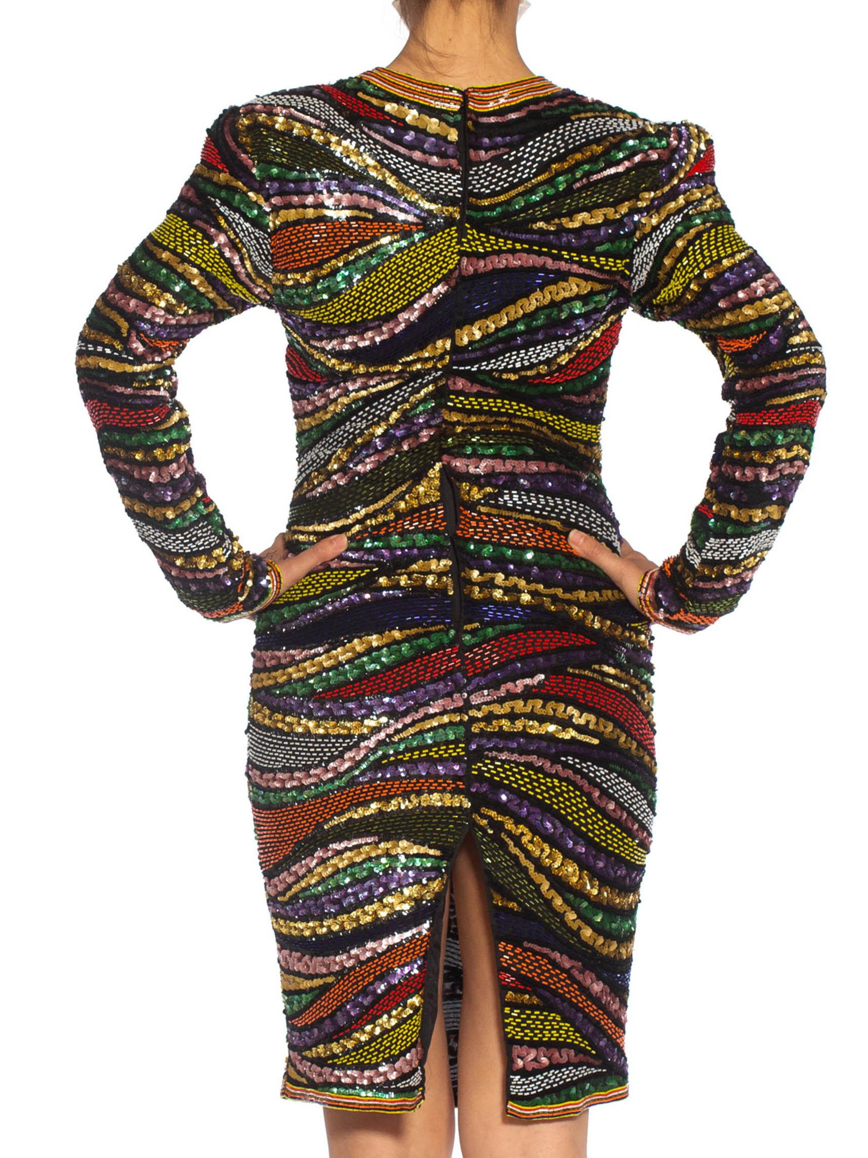 1980S Multicolor Beaded Silk & Rayon Long Sleeve Cocktail Dress For Sale 1