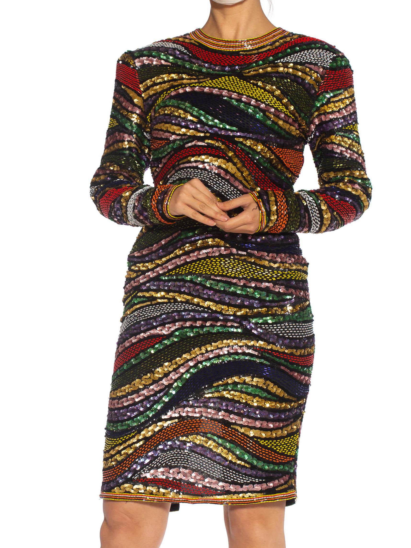 1980S Multicolor Beaded Silk & Rayon Long Sleeve Cocktail Dress For Sale 2