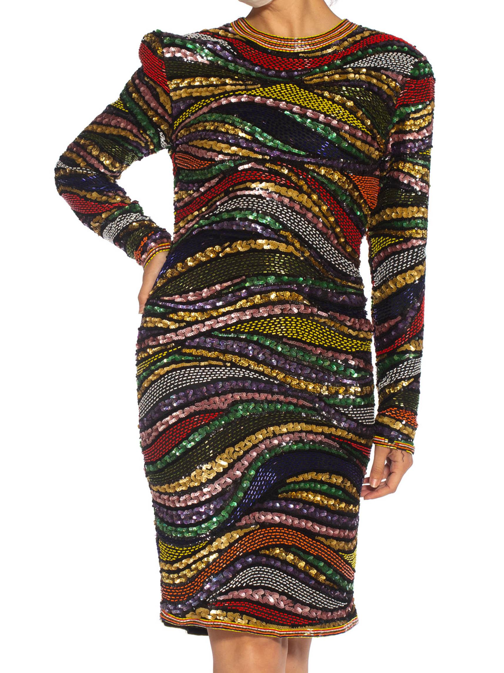 1980S Multicolor Beaded Silk & Rayon Long Sleeve Cocktail Dress For Sale 3