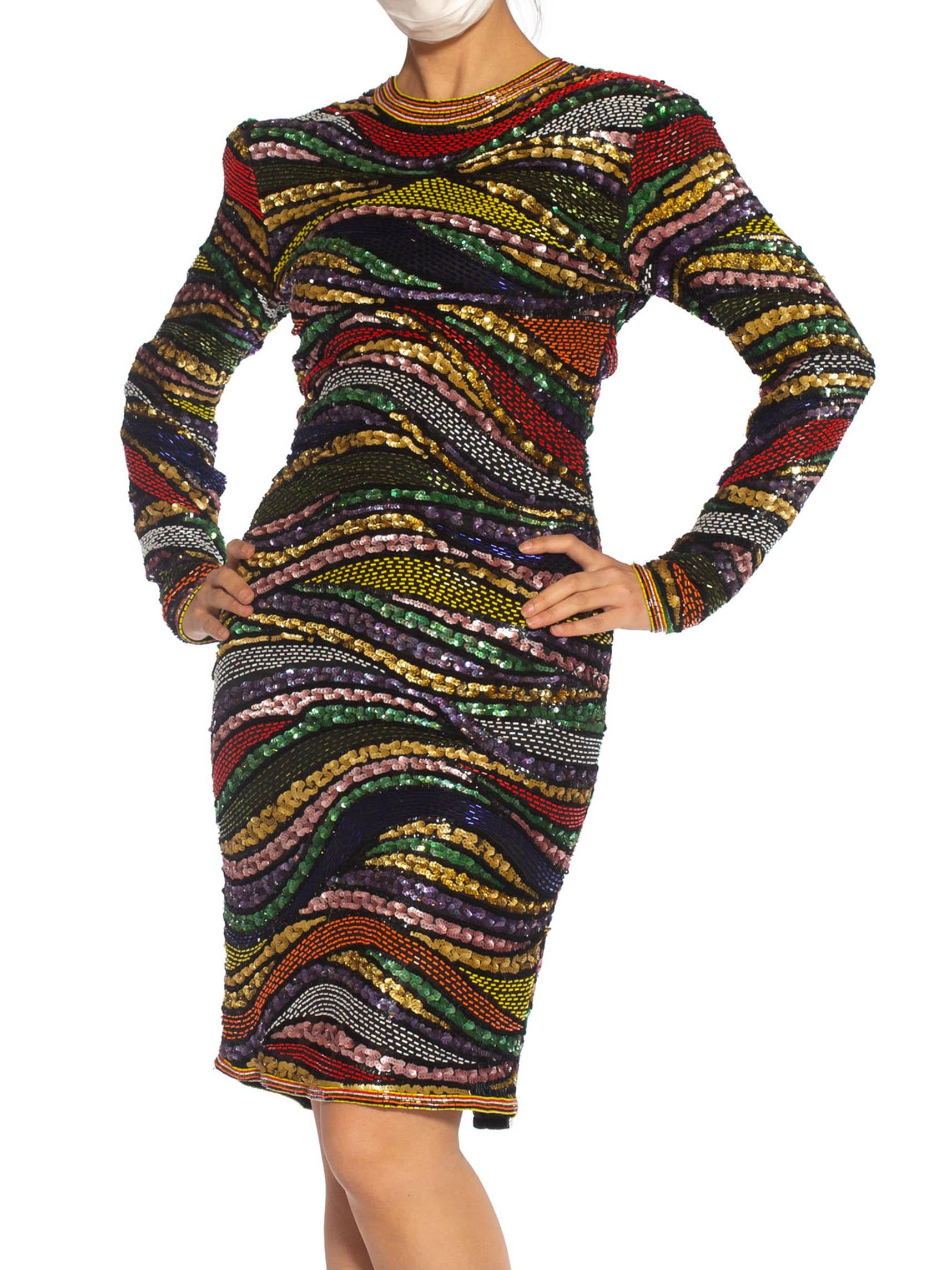 1980S Multicolor Beaded Silk & Rayon Long Sleeve Cocktail Dress For Sale 5