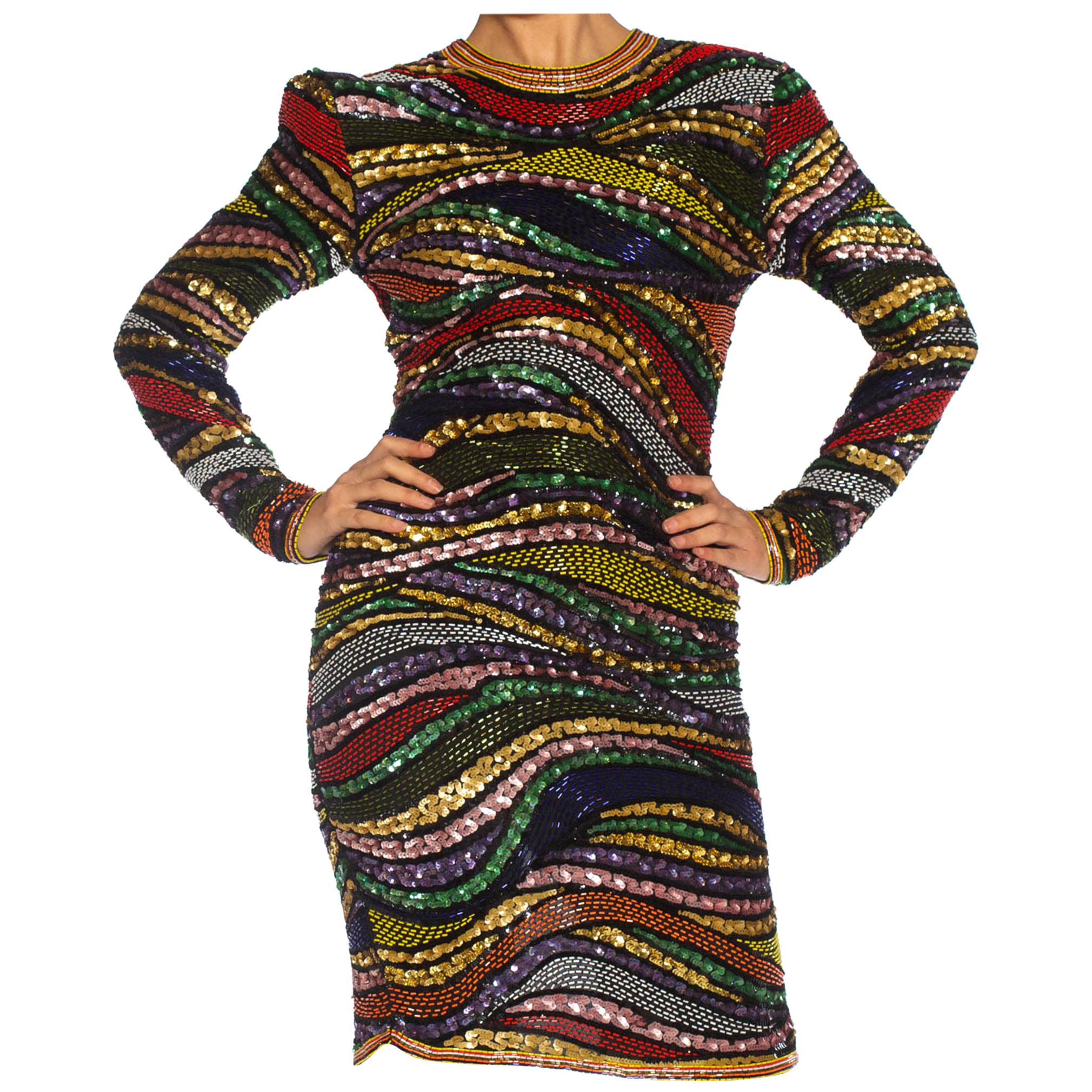 1980S Multicolor Beaded Silk & Rayon Long Sleeve Cocktail Dress For Sale