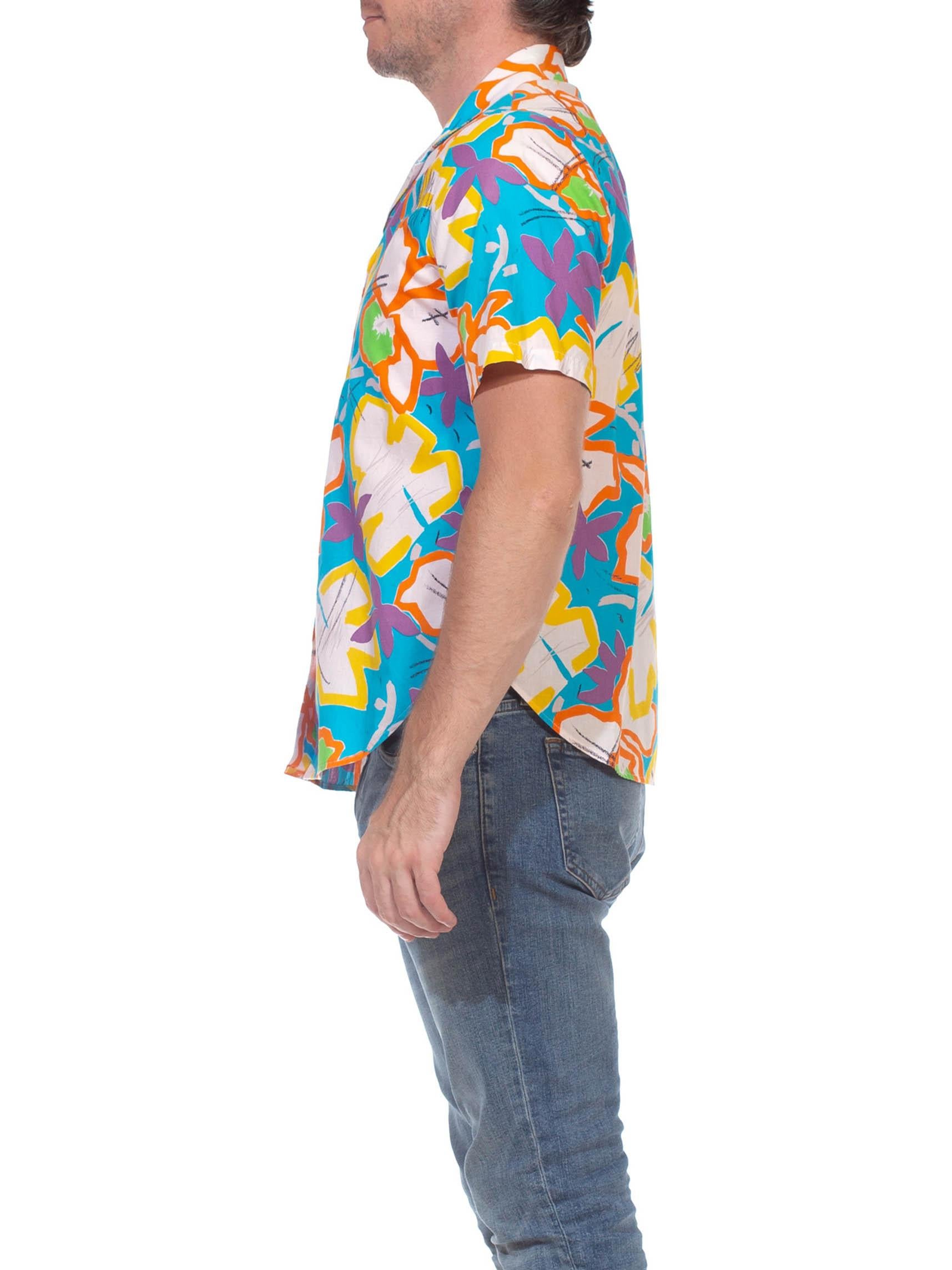 Beige 1980S Multicolor Cotton Bright Abstract Tropical Short Sleeve Shirt For Sale