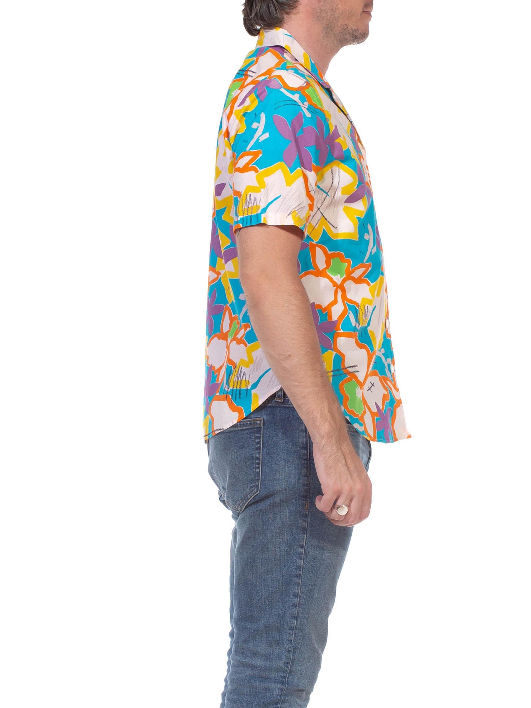 1980S Multicolor Cotton Bright Abstract Tropical Short Sleeve Shirt In Excellent Condition For Sale In New York, NY