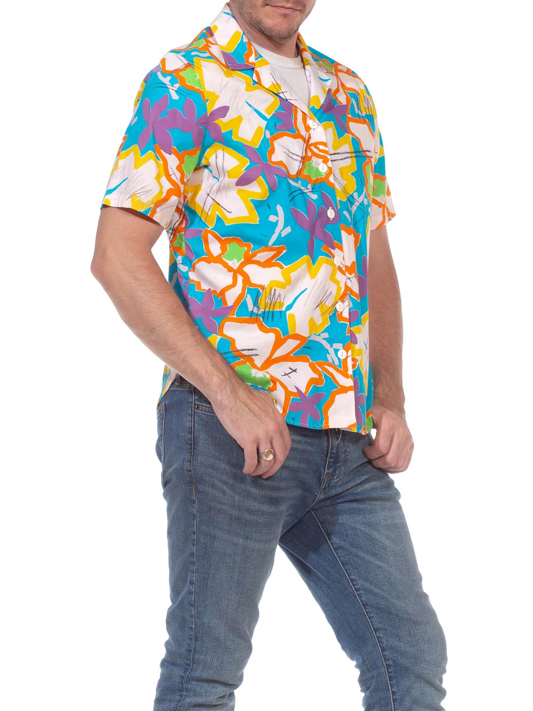 1980S Multicolor Cotton Bright Abstract Tropical Short Sleeve Shirt For Sale 1