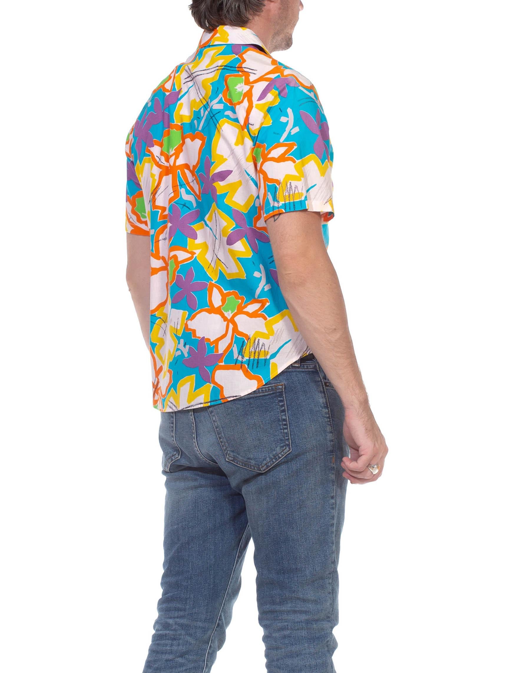 1980S Multicolor Cotton Bright Abstract Tropical Short Sleeve Shirt For Sale 2