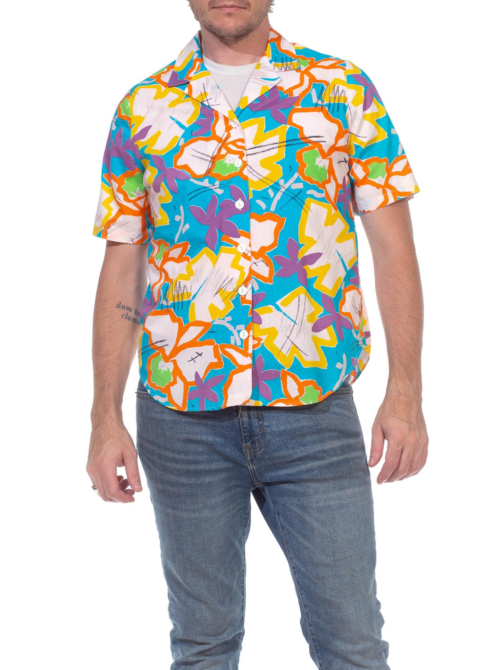1980S Multicolor Cotton Bright Abstract Tropical Short Sleeve Shirt For Sale 3