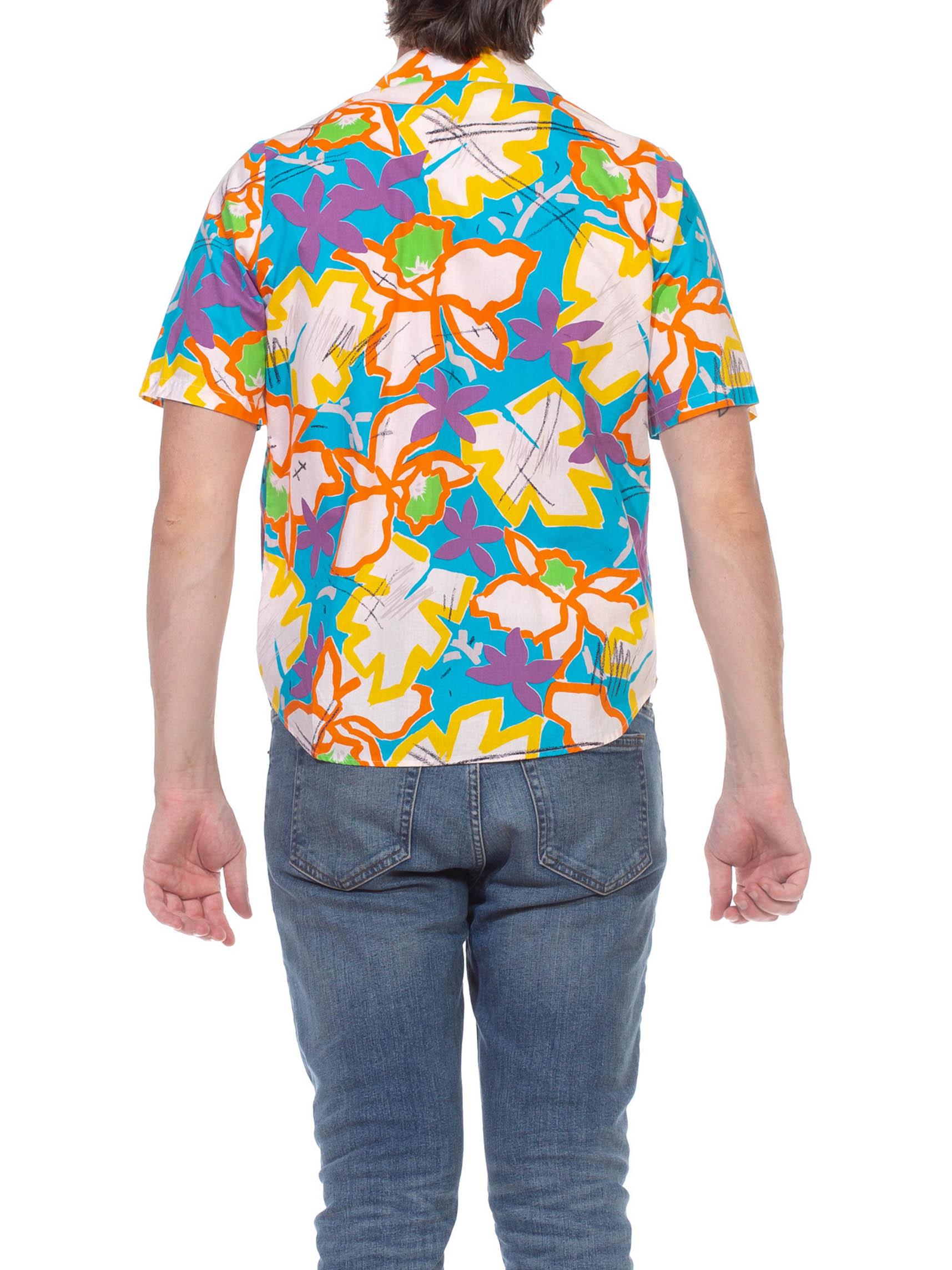 1980S Multicolor Cotton Bright Abstract Tropical Short Sleeve Shirt For Sale 4