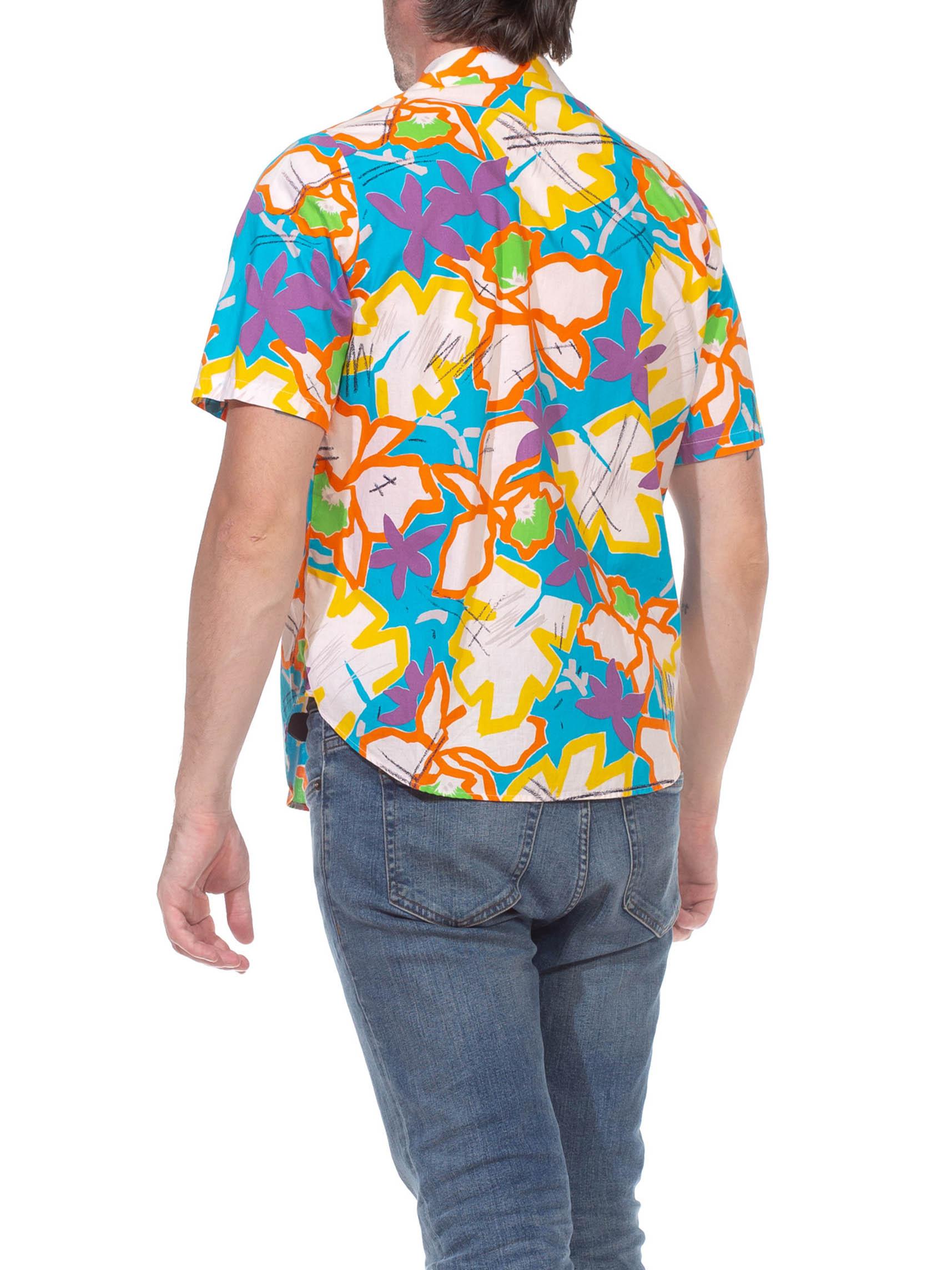 1980S Multicolor Cotton Bright Abstract Tropical Short Sleeve Shirt For Sale 5