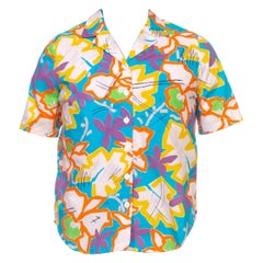 Chemise à manches courtes en coton multicolore des années 1980, abstraite et tropicale