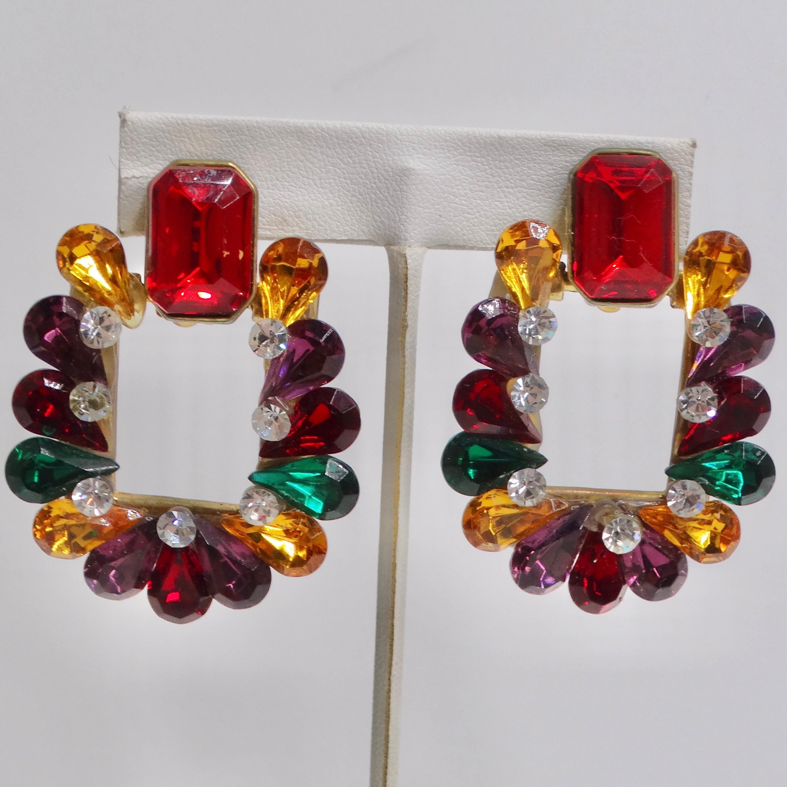 1980s Multicolor Rhinestone Clip On Earrings For Sale 4