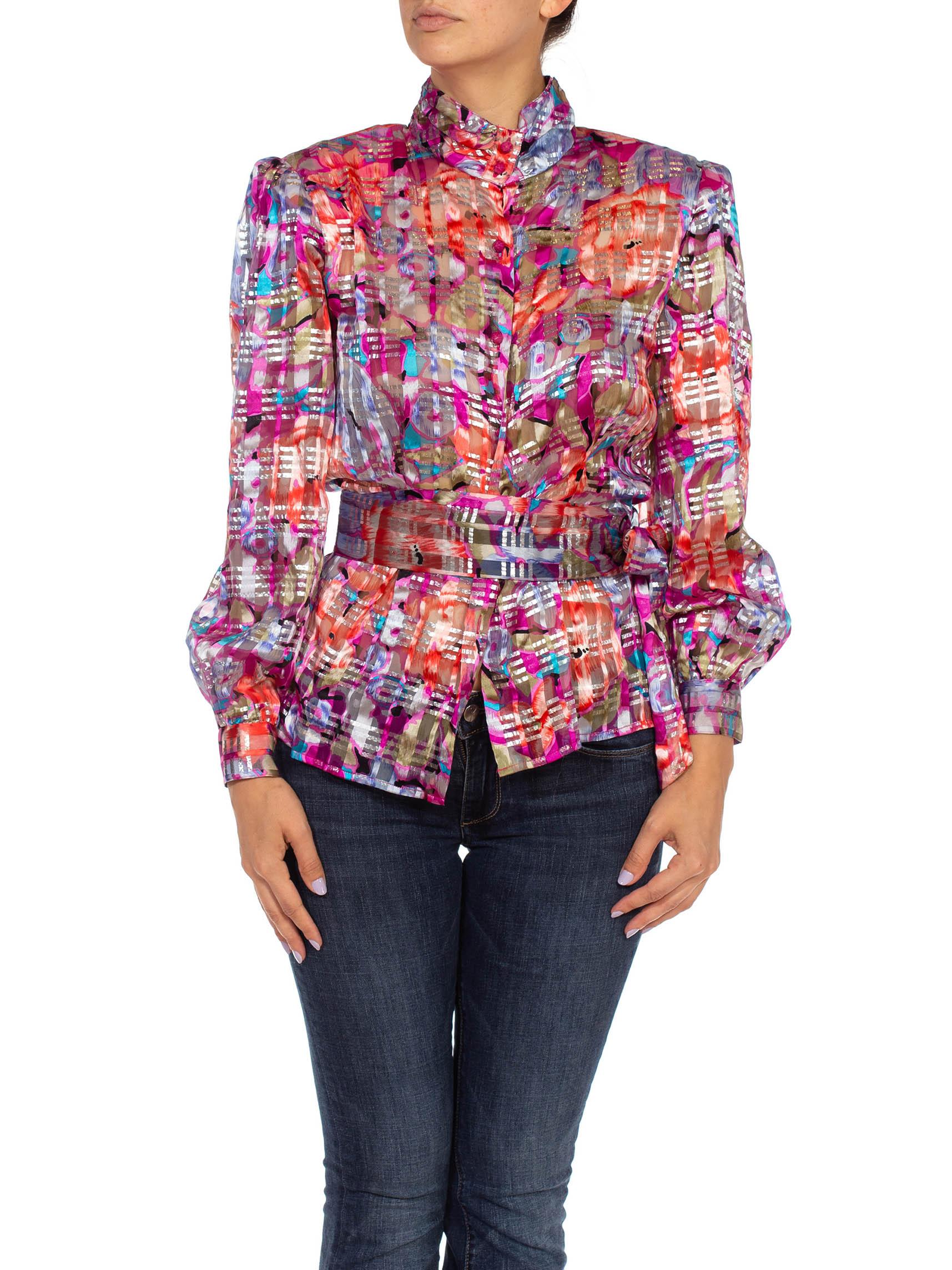 Pink 1980S Multicolor Sheer Silk Blouse