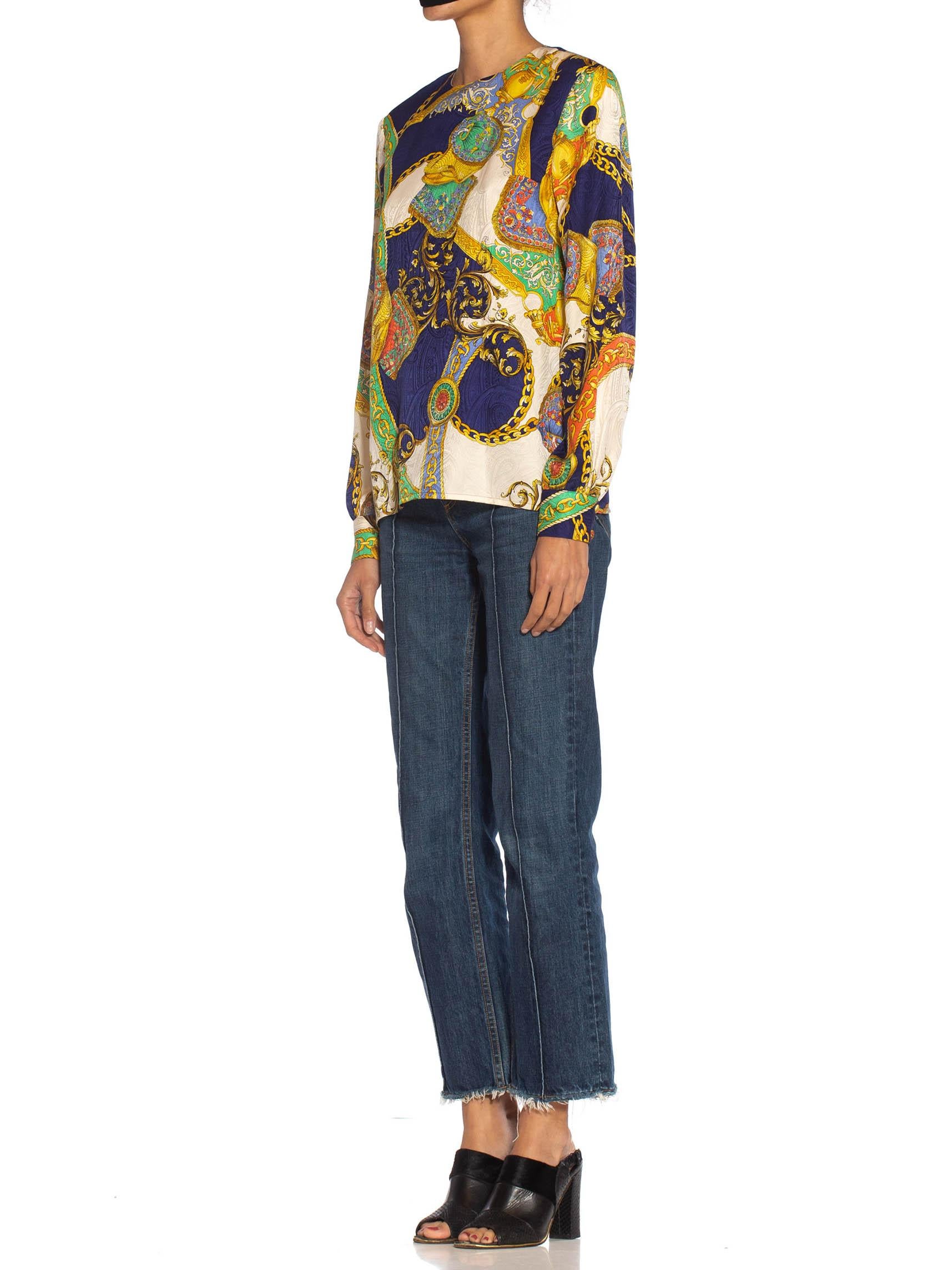 1980S Multicolor Status Print Silk On Paisley Jacquard Blouse In Excellent Condition For Sale In New York, NY