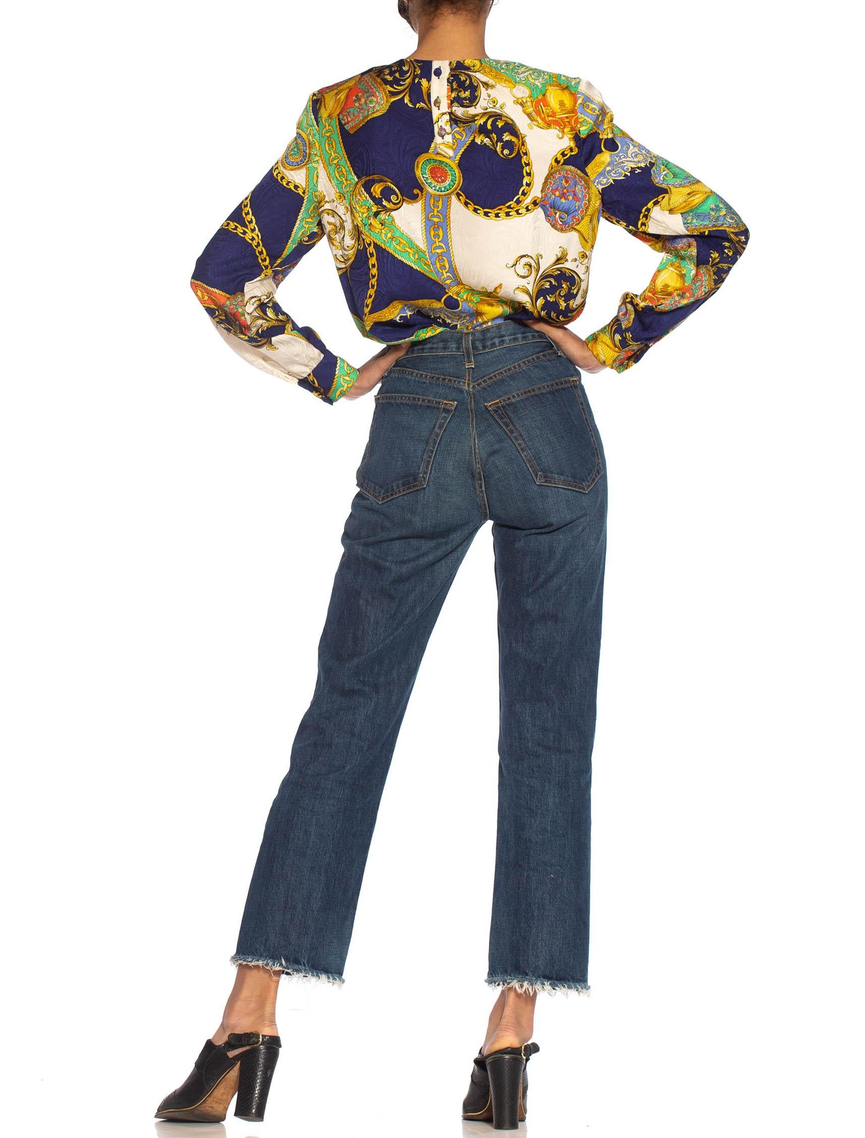Women's 1980S Multicolor Status Print Silk On Paisley Jacquard Blouse For Sale