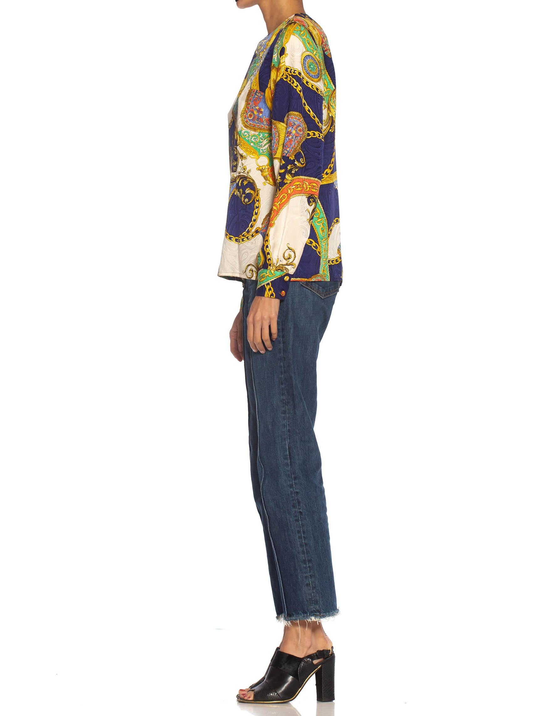 1980S Multicolor Status Print Silk On Paisley Jacquard Blouse For Sale 3