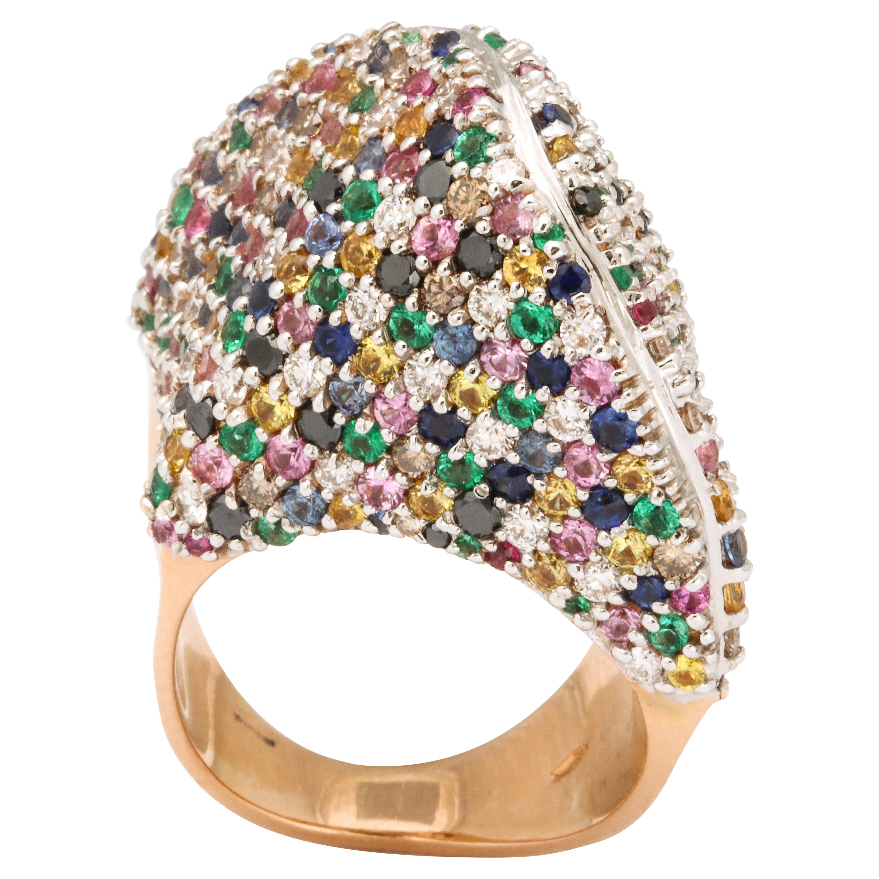 1980
s Multicolored Stones with Fancy Diamonds Large Rose Gold Cocktail Ring For Sale