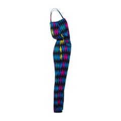 1980s Multicoloured Harlequin Print Silk Jumpsuit with Pockets