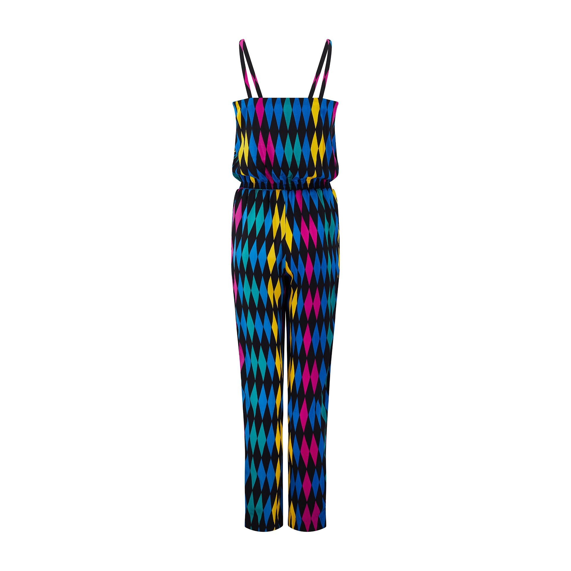 Blue 1980s Multicoloured Harlequin Print Silk Jumpsuit with Pockets For Sale