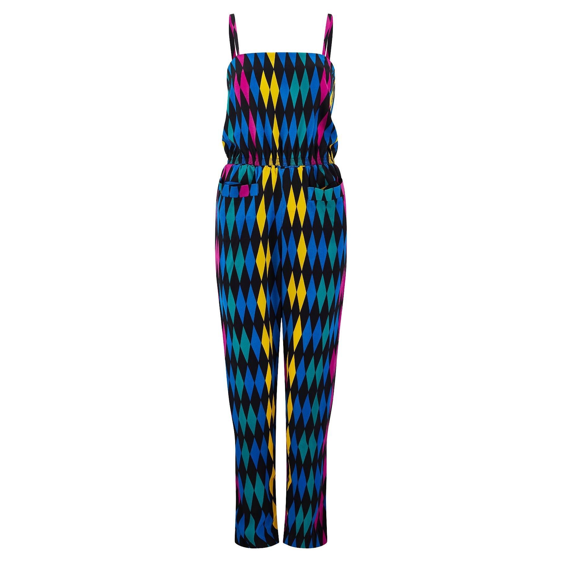 1980s Multicoloured Harlequin Print Silk Jumpsuit with Pockets For Sale