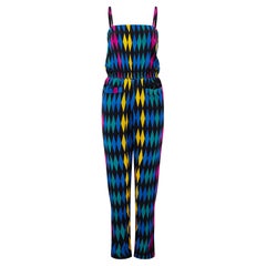 1980s Multicoloured Harlequin Print Silk Jumpsuit with Pockets