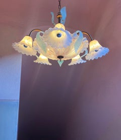 1980s Murano Glass Chandelier with Light Green Sculptural Leaves