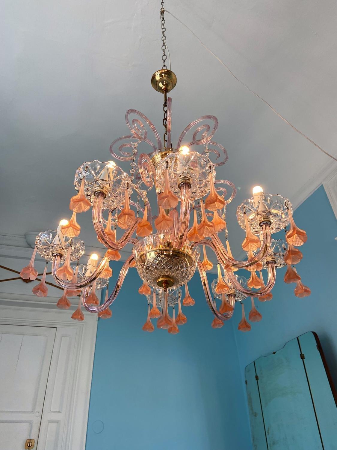Mid-Century Modern 1980s Murano Glass Chandelier with Pink Flowers