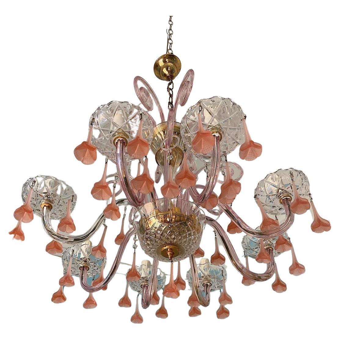 1980s Murano Glass Chandelier with Pink Flowers