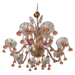 1980s Murano Glass Chandelier with Pink Flowers