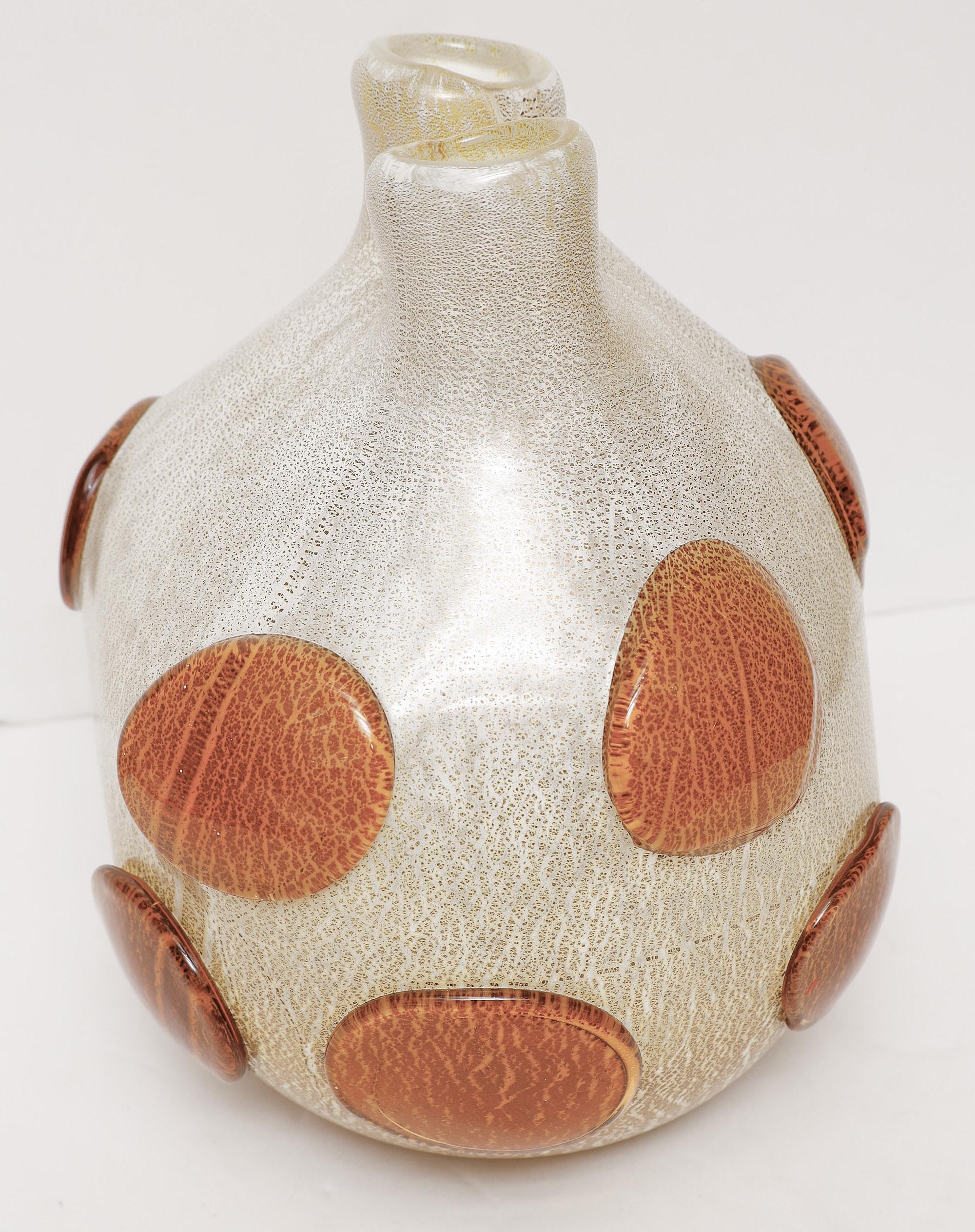 Large and exquisite signed Constantini hand-blown vase in gold-infused white cased Murano glass with rich caramel colored applied decoration, circa 1980.