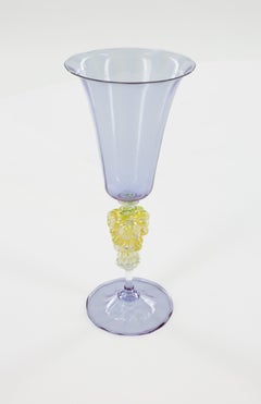 1980s Murano Lavender Glass Goblet with Gold Leaf Grape Cluster Stem, Italy