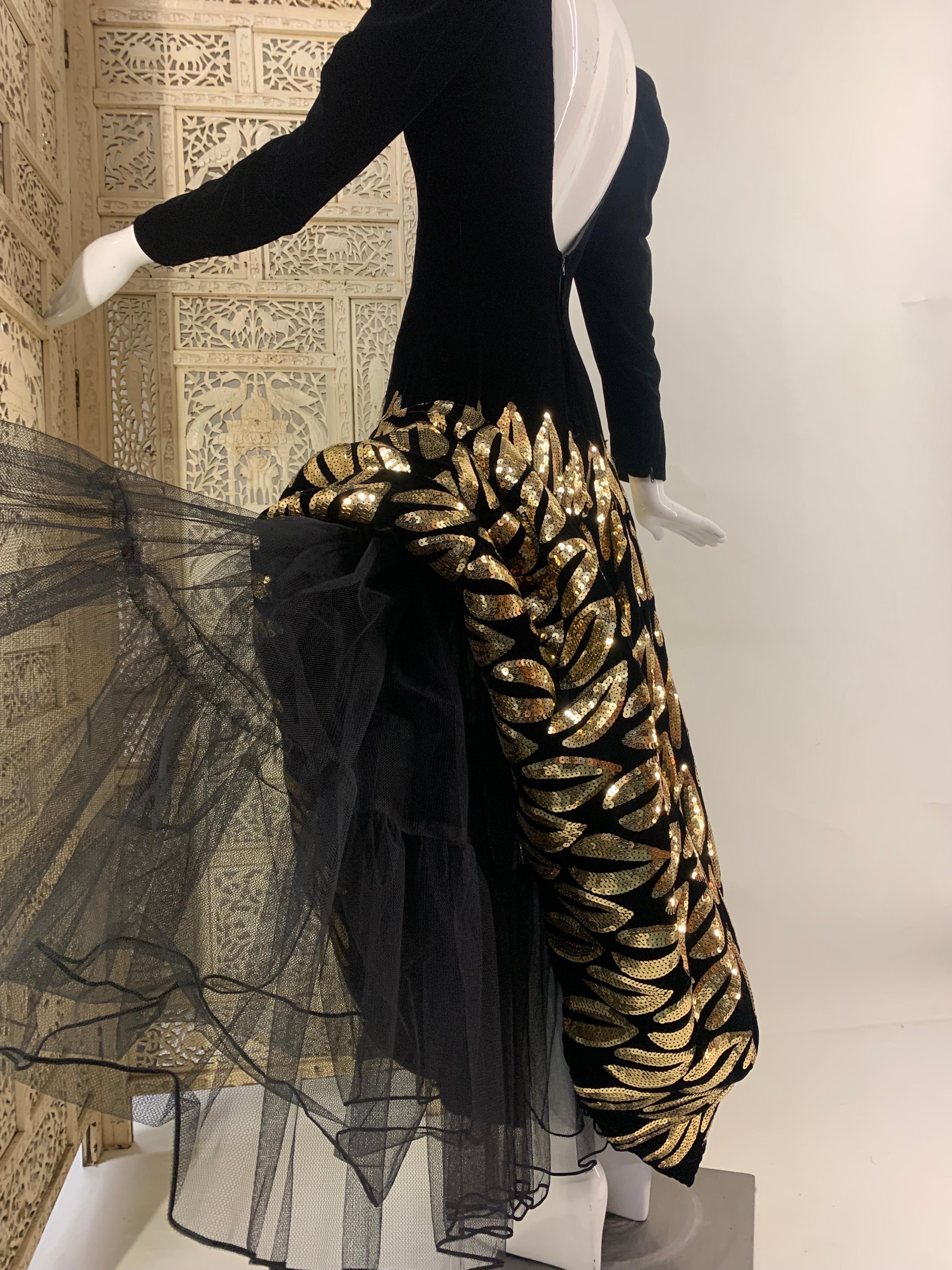 1980s Murray Arbeid - London Black Velvet Gown w Gold Sequin Leaves & Crinoline For Sale 9