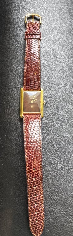 1980's Must de Cartier Tank Sterling Vermeil Turtle Brown Wood Dial #25027