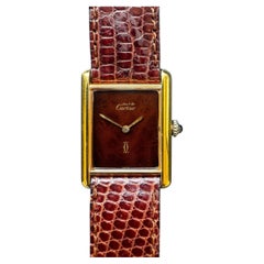 1980's Must de Cartier Tank Sterling Vermeil Turtle Brown Wood Dial #25027