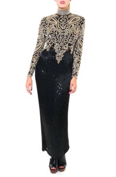 1980S Naeem Khan, abito in seta nero e oro con perline e maniche lunghe tagliate sul retro