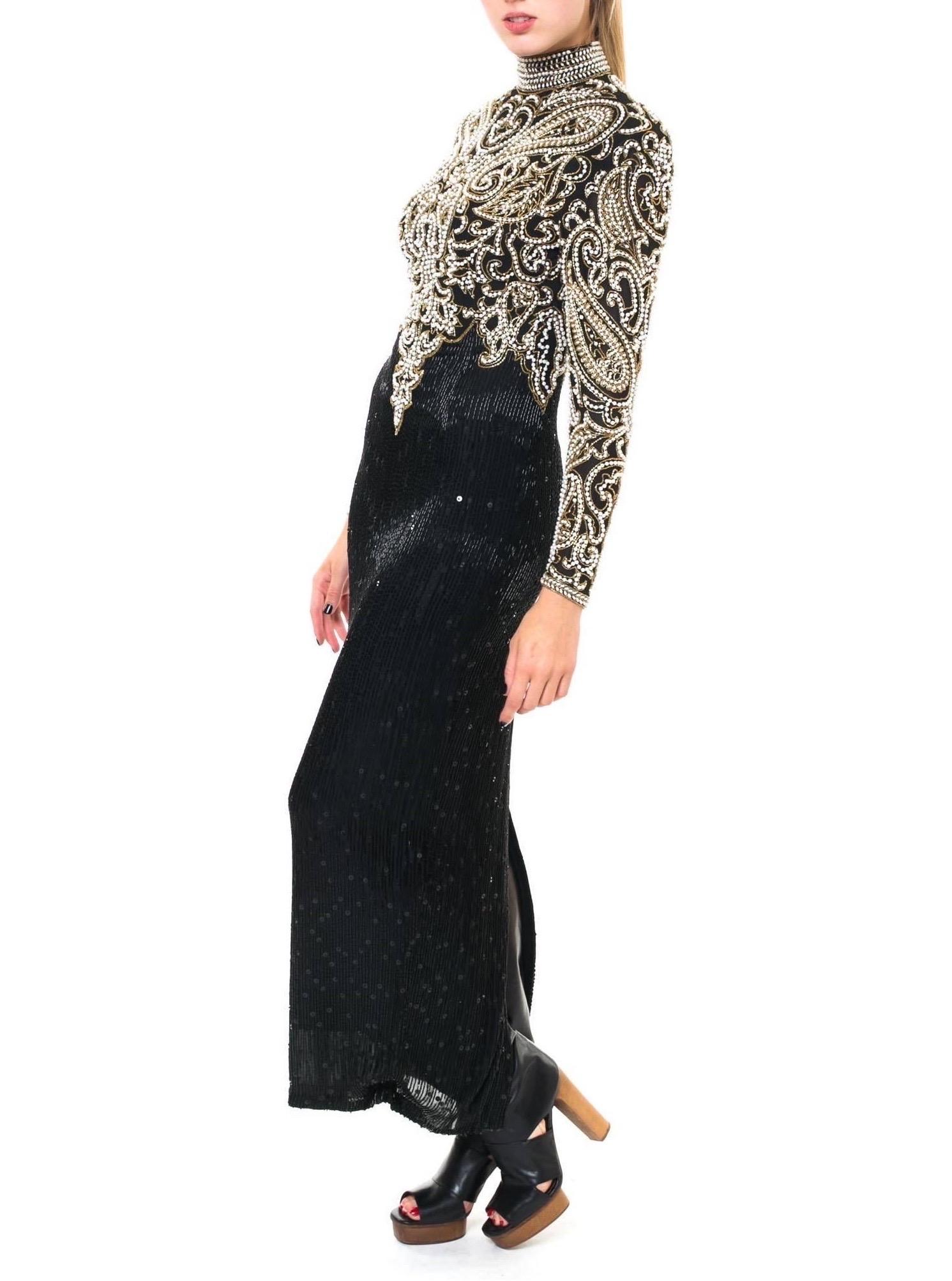 Women's 1980S NAEEM KHAN Black & Gold Beaded Silk Cut Out Back Long Sleeve Gown For Sale