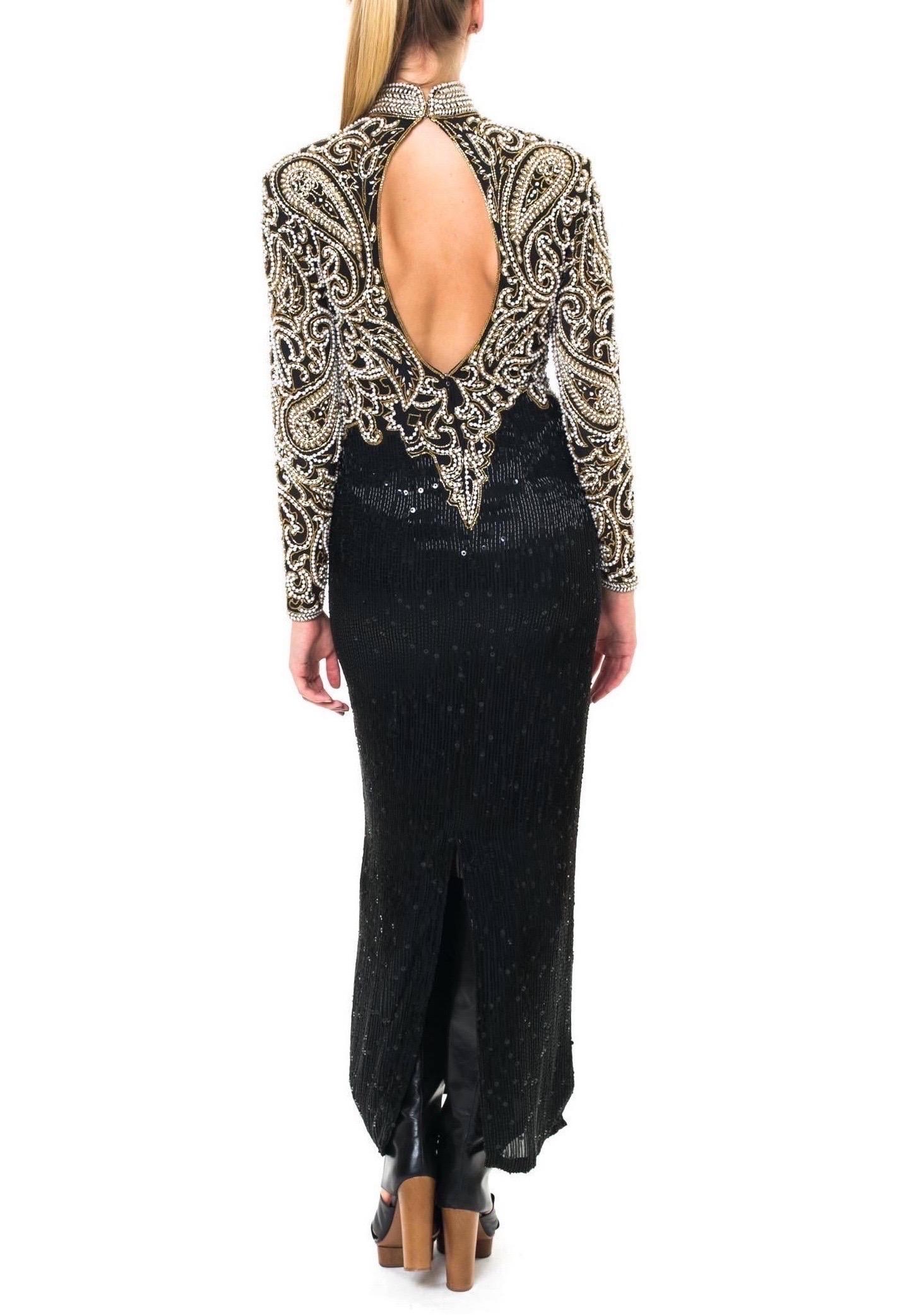 1980S NAEEM KHAN Black & Gold Beaded Silk Cut Out Back Long Sleeve Gown For Sale 1