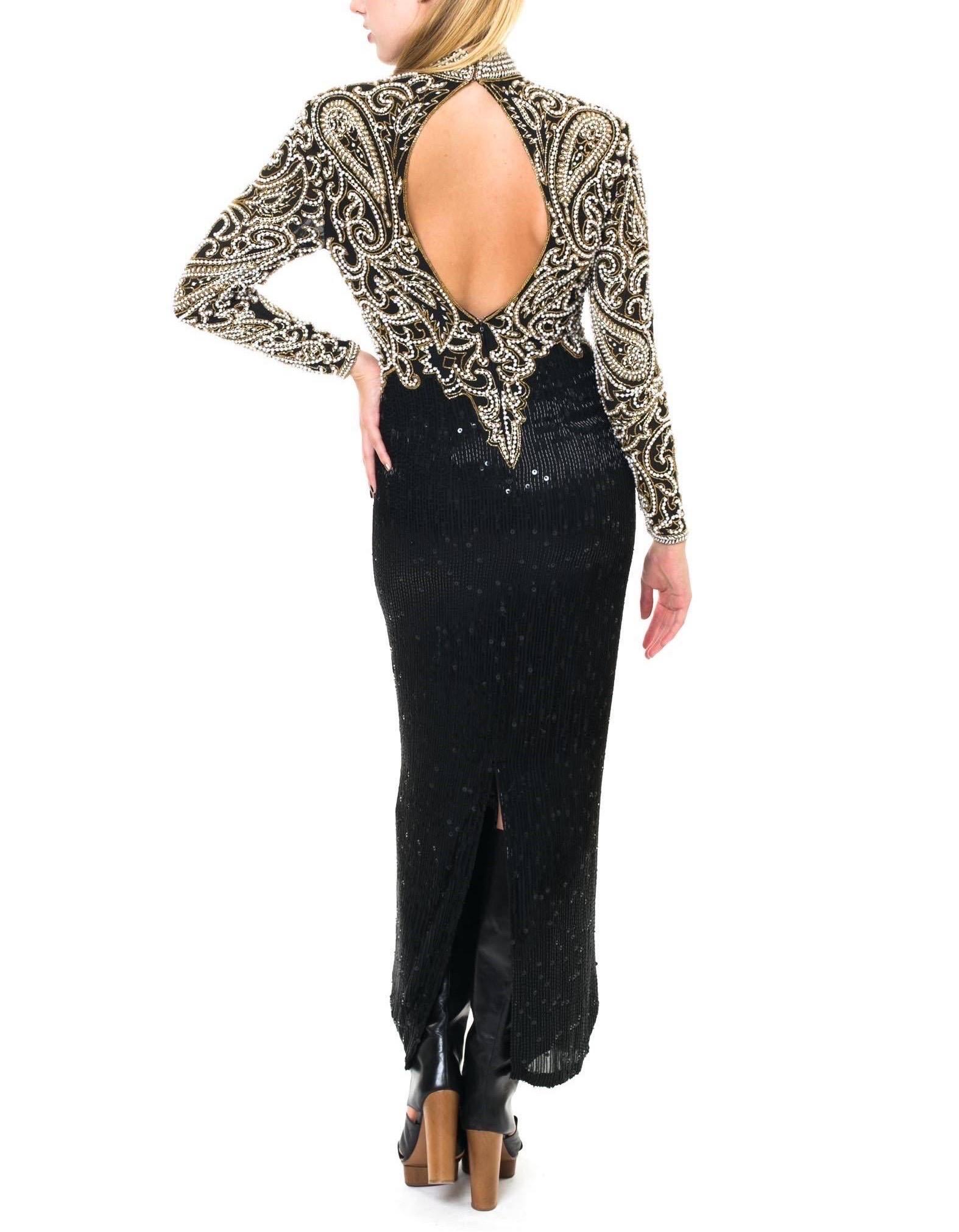 1980S NAEEM KHAN Black & Gold Beaded Silk Cut Out Back Long Sleeve Gown For Sale 2