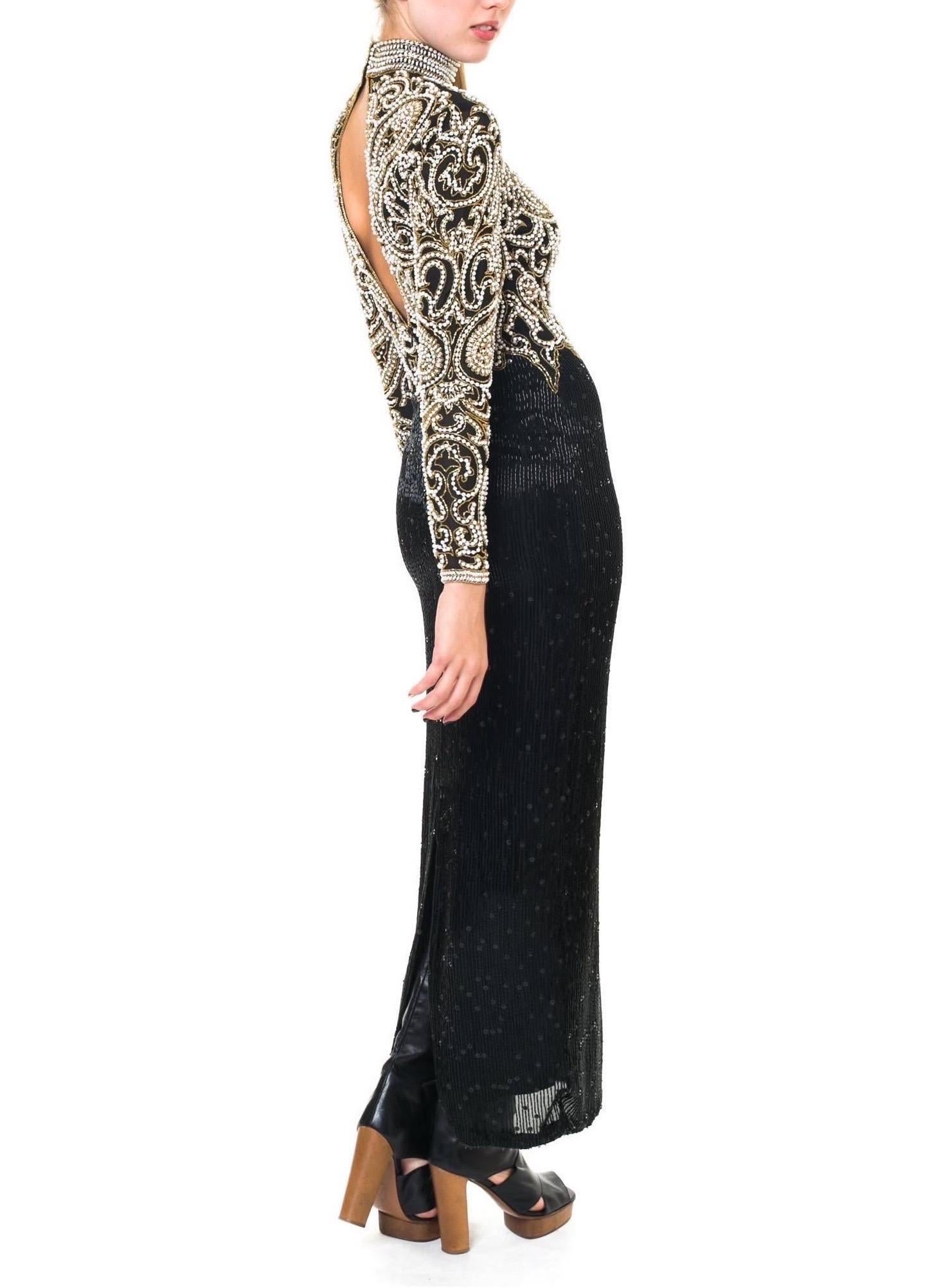 1980S NAEEM KHAN Black & Gold Beaded Silk Cut Out Back Long Sleeve Gown For Sale 3