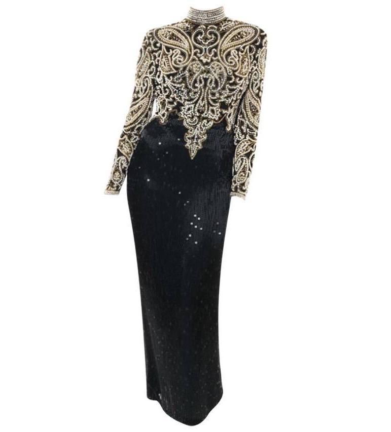 1980S NAEEM KHAN Black & Gold Beaded Silk Cut Out Back Long Sleeve Gown For Sale 4