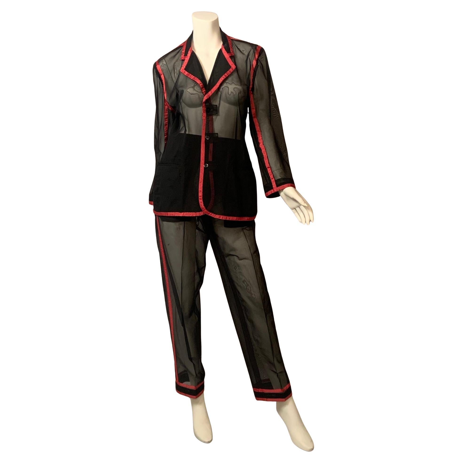 1980's Naked Look Sheer Black Voile Pants Suit with Pink Ribbon Trim For Sale