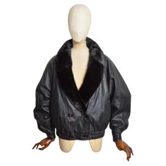 Giacca bomber oversize anni '80 in pelle di nappa e pelliccia di visone, nera e boxy