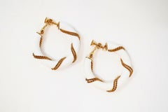 1980s Napier Nautical White Enamel Hoop Earrings with Gold Rope Detail, Signed