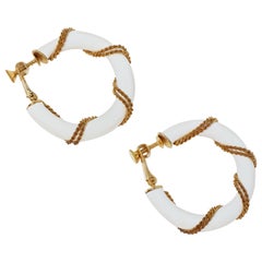 1980s Napier Nautical White Enamel Hoop Earrings with Gold Rope Detail, Signed