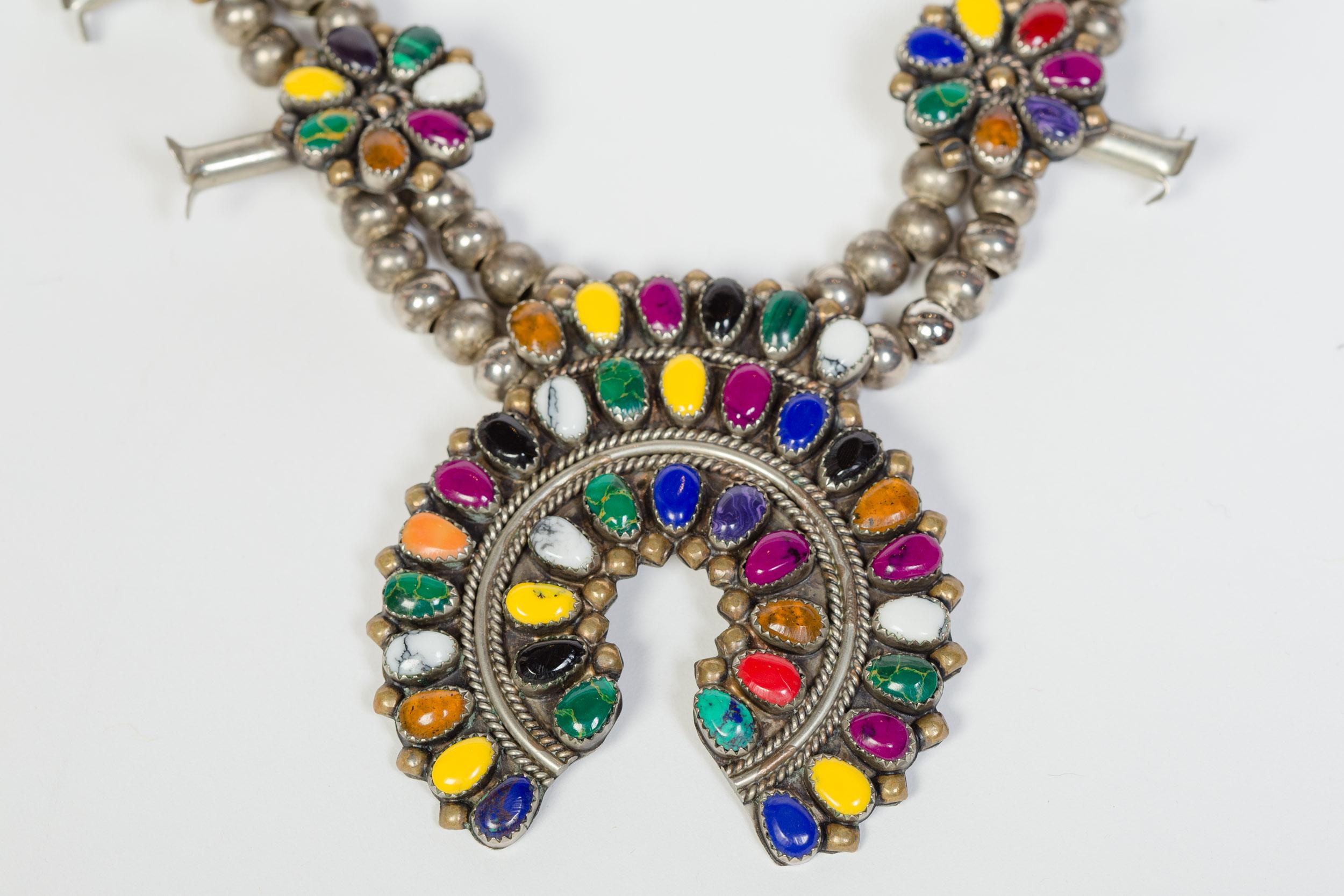 1980s Native American Alpaca Silver & Brass Squash Blossom Necklace Signed with the initials GM