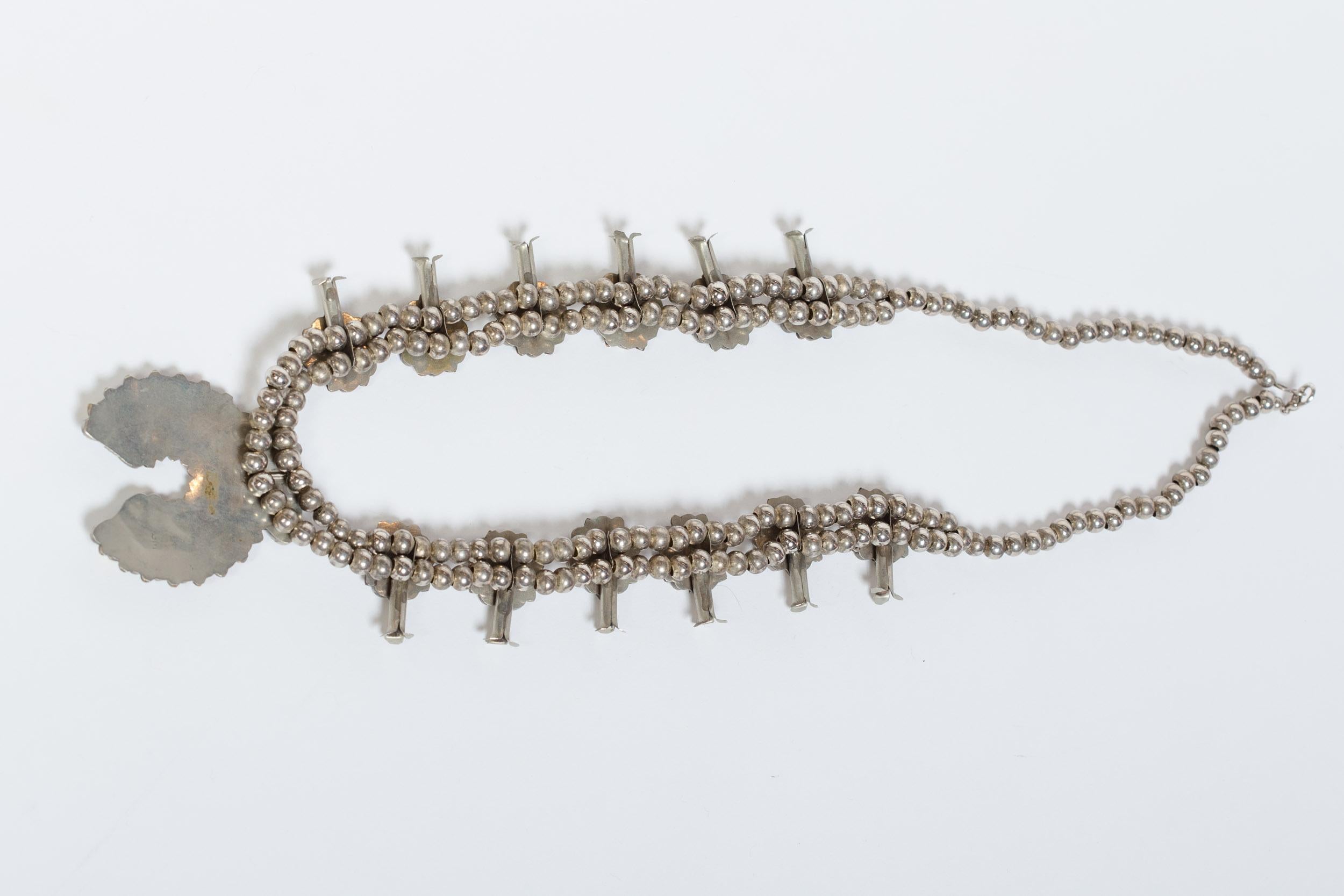 Brown 1980s Native American Alpaca Silver & Brass Squash Blossom Necklace Signed 
