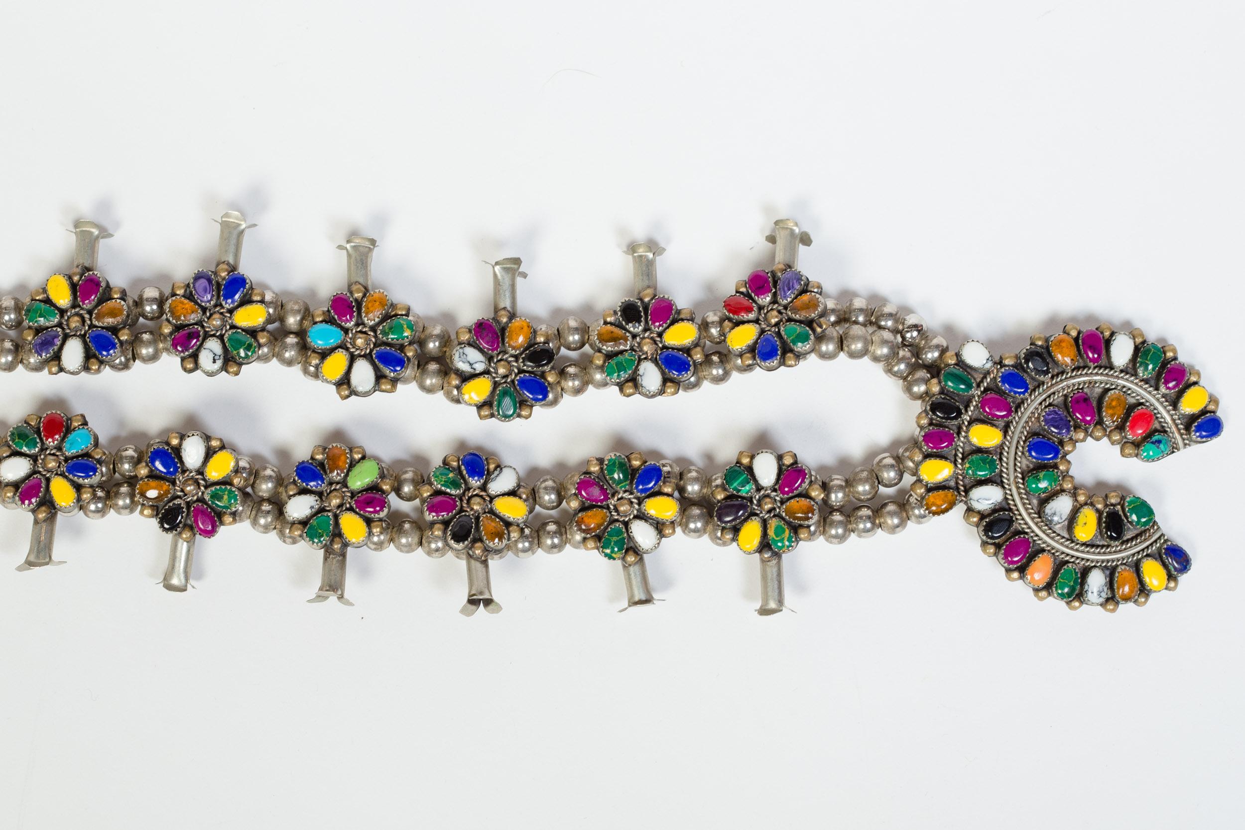 1980s Native American Alpaca Silver & Brass Squash Blossom Necklace Signed 