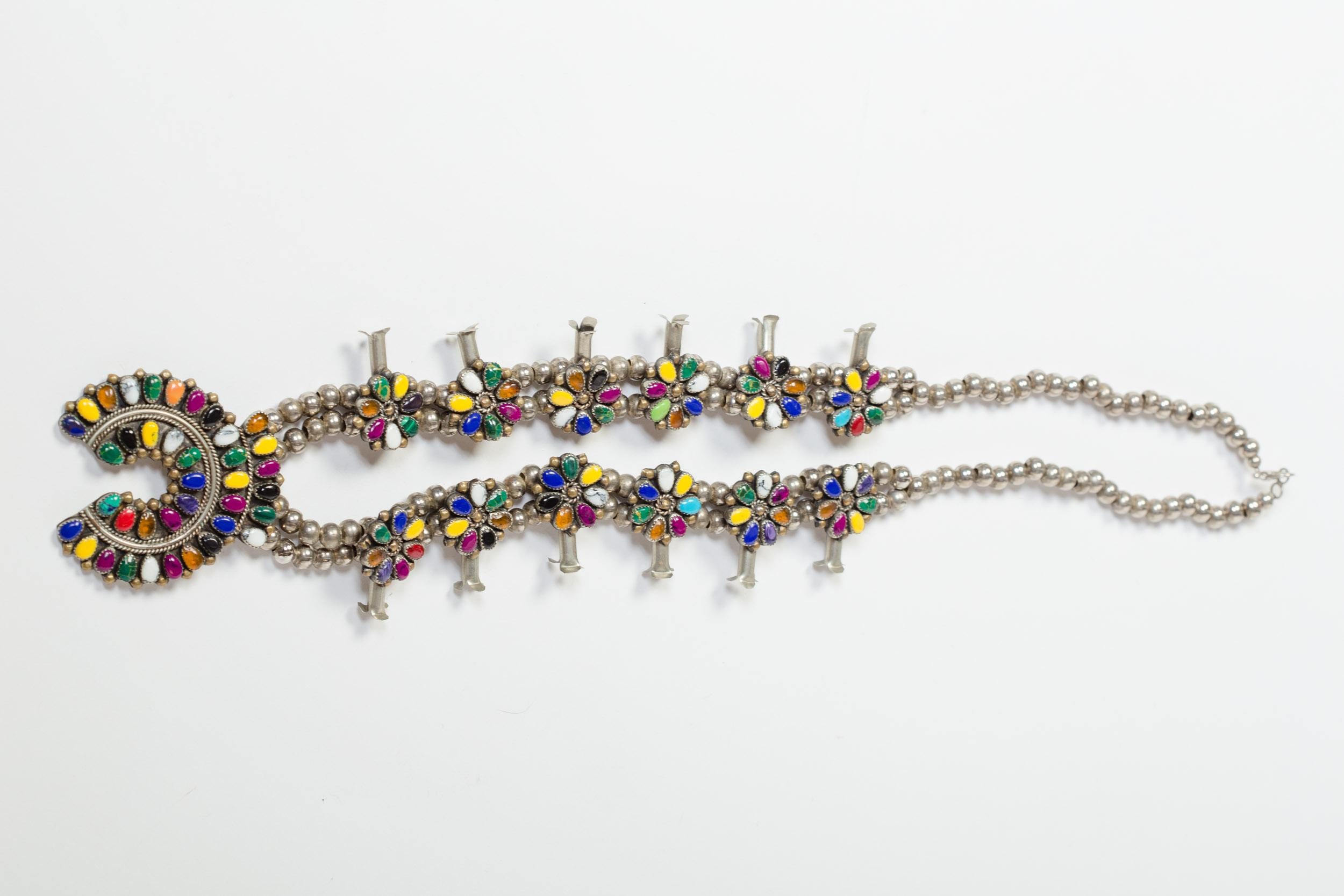 Women's or Men's 1980s Native American Alpaca Silver & Brass Squash Blossom Necklace Signed 