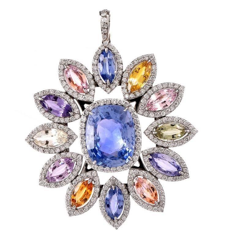 Art Deco 1980s Natural No Heat Sapphire Diamond Pendant Necklace